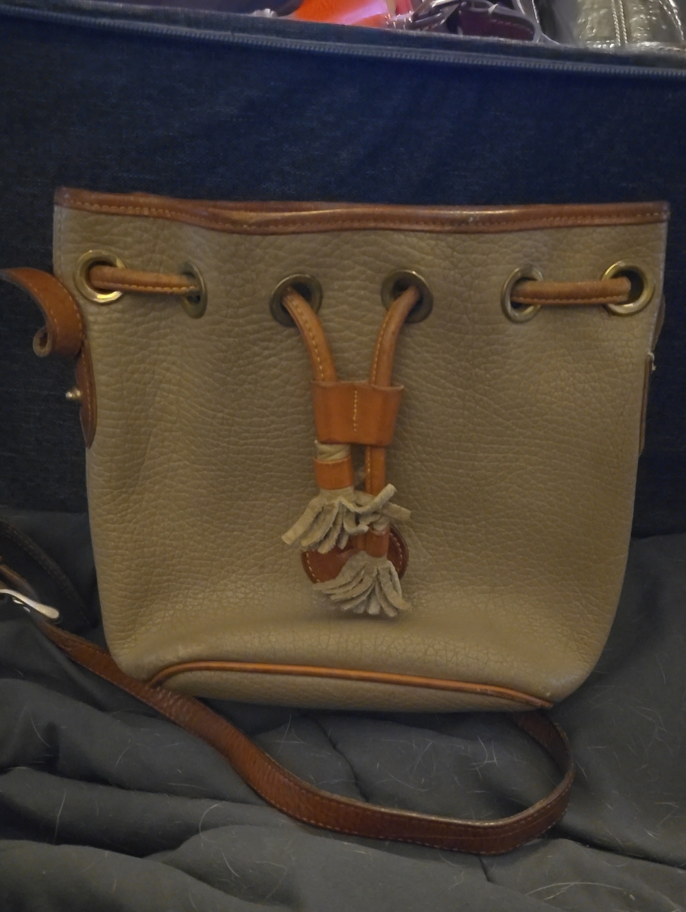 Dooney & Bourke Taupe Leather Drawstring Crossbody with Brown Trim